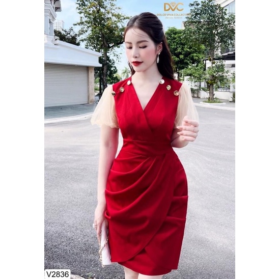 V2836 - váy đỏ tay voan màu be