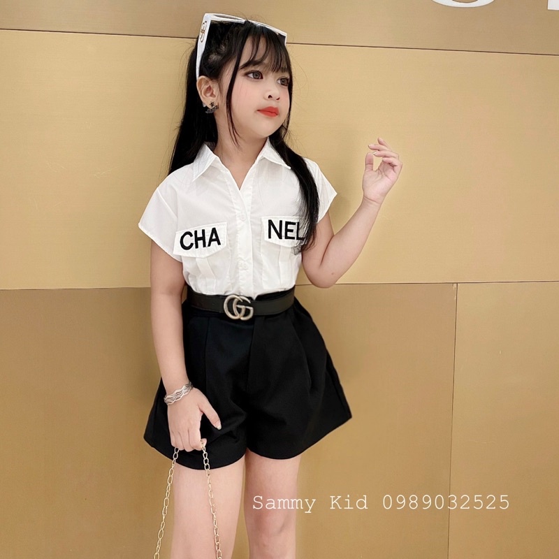 Set áo Sơ mi Thêu C quần sooc Kaki KHÔNG KÈM ĐAI xịn sò cho bé gái size đại 16-41kg chất ngất sang chảnh