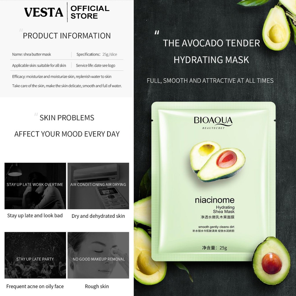 Mặt Nạ 🥑𝑭𝒓𝒆𝒆𝒔𝒉𝒊𝒑🥑 Mask Quả Bơ Bioaqua Niacinome Hydrating Shea - Mask Giữ Ẩm Cấp Nước Trắng Da