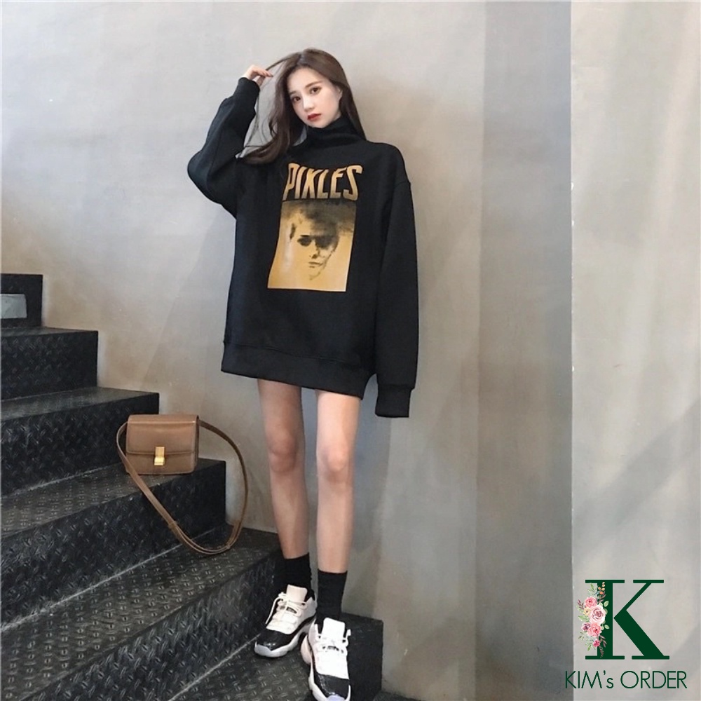 Áo Sweater Unisex Nam Nữ Màu Đen Chữ PIXLES Dài Tay Cổ Tròn Cổ Lọ Form Rộng Chất Nỉ Bông Dày Phong Cách Ulzzang Hàn Quốc