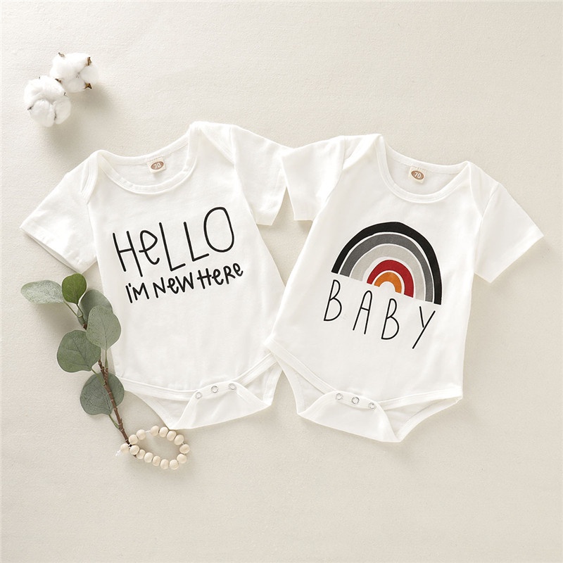 Áo liền quần MIKRDOO vải cotton in chữ hello và cầu vồng thiết kế tay ngắn thời trang mùa hè đáng yêu dành cho trẻ em