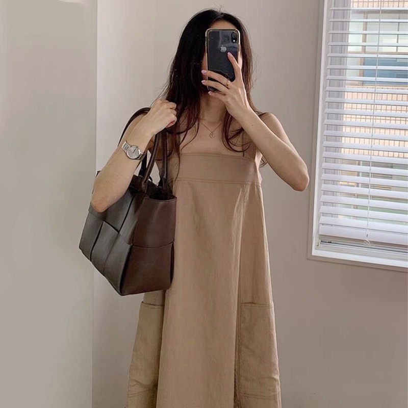 Đầm Hai Dây Cổ Vuông Dáng Rộng Màu Sắc Cổ Điển Phong Cách Hàn Quốc Thời Trang Cho Nữ