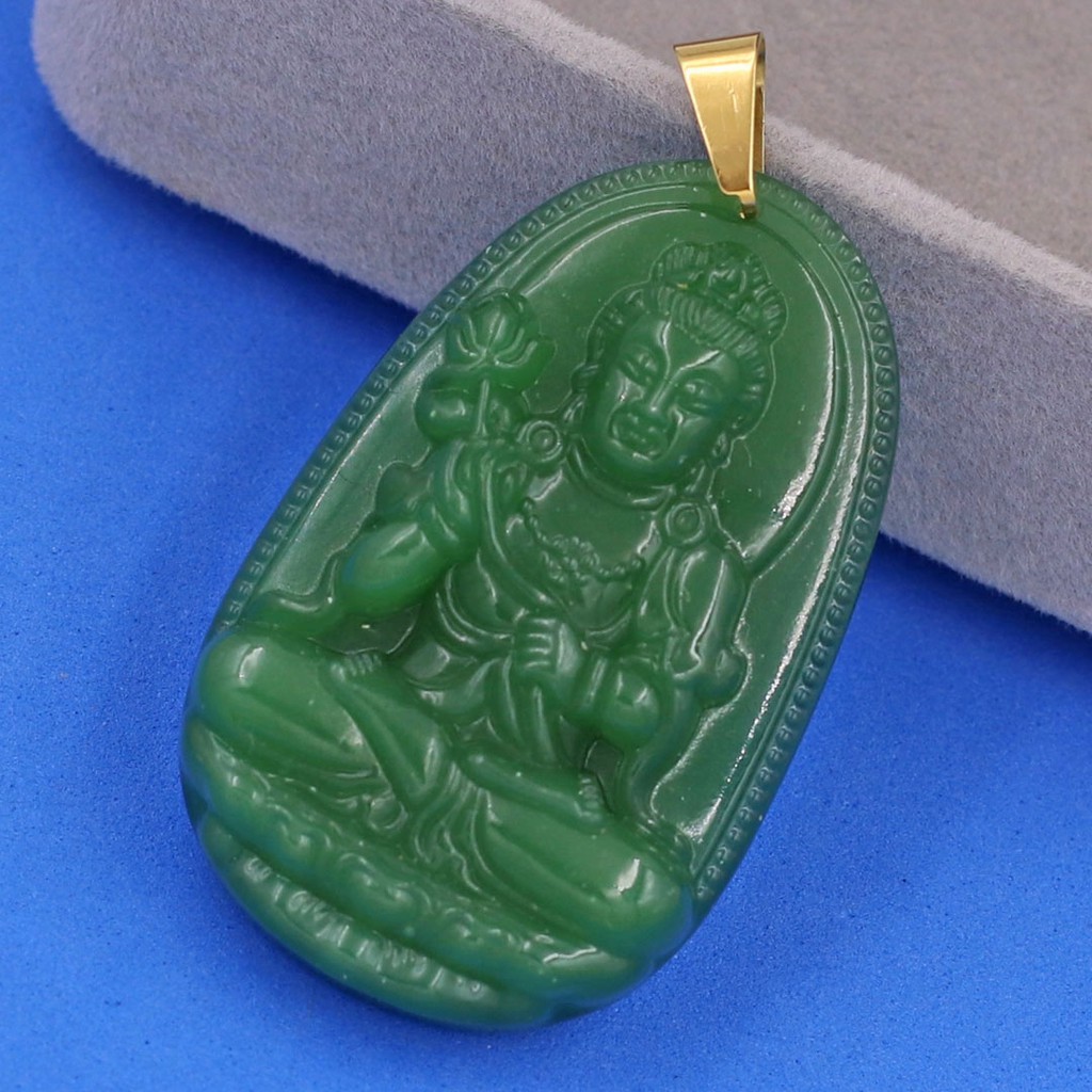 Mặt dây chuyền Bồ Tát Đại Thế Chí đá tự nhiên xanh size lớn 5cm - Phật bản mệnh tuổi Ngọ - Tặng kèm móc inox