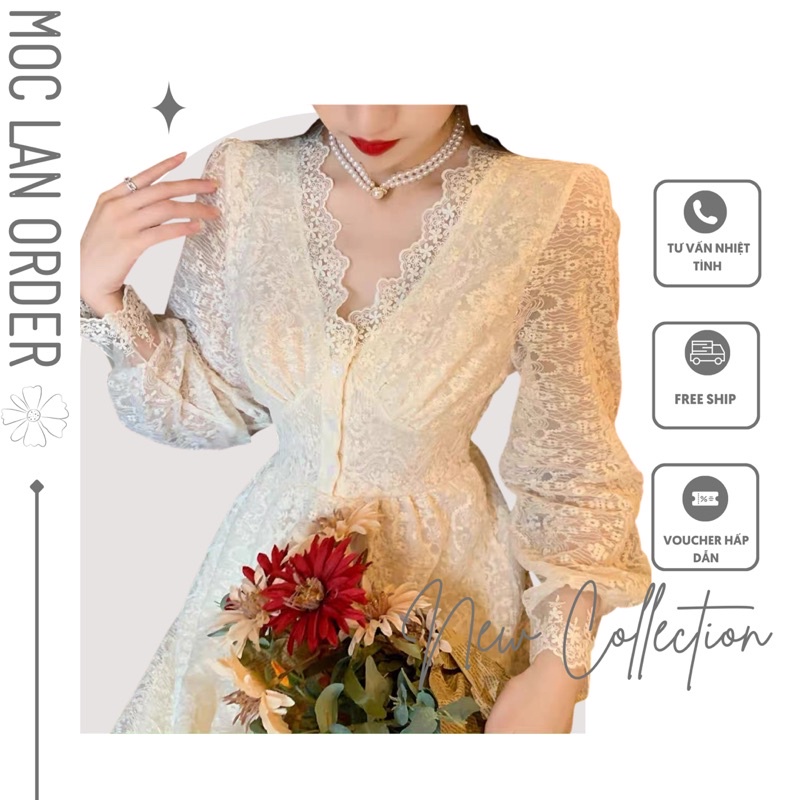 (MộcLan ORDER) Đầm ulzzang công chúa ren xoè 2 lớp cổ V cao cấp dáng dài|váy ren thiết kế tiểu thư sang chảnh