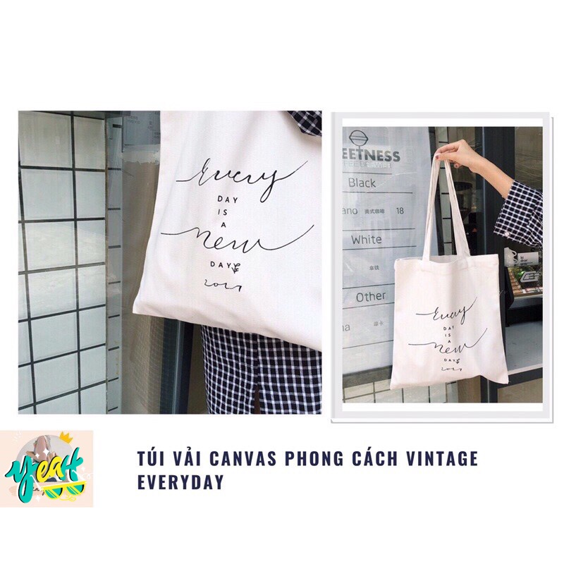 TÚI TOTE VẢI CANVAS ĐEO VAI CHỮ EVERYDAY(CÓ KHOÁ MIỆNG)