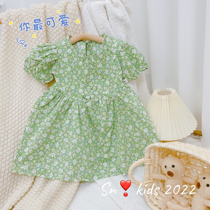 Váy hoa nhí  2 màu  Xanh _VÀng tay bồng dành cho bé siêu xinh