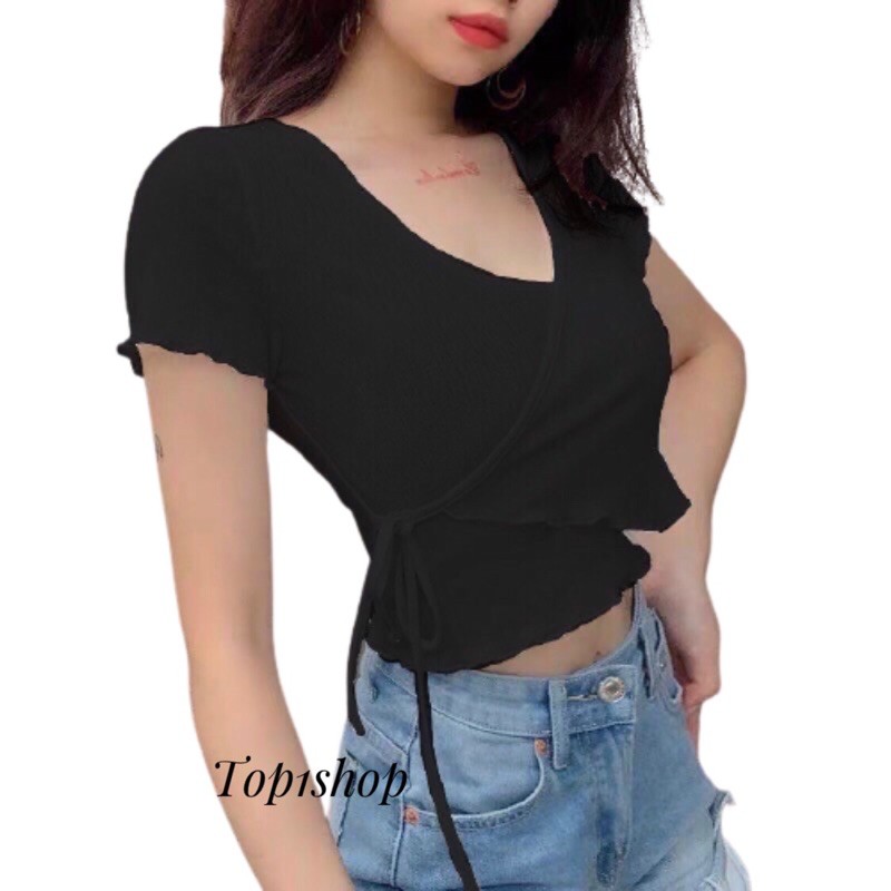 Áo Croptop Cổ v đắp chéo cột dây.