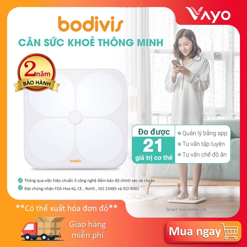 Cân sức khỏe thông minh BODIVIS H1, cân đo mỡ, xương, cơ bắp phân tích 21 chỉ số cơ thể chuẩn FDA