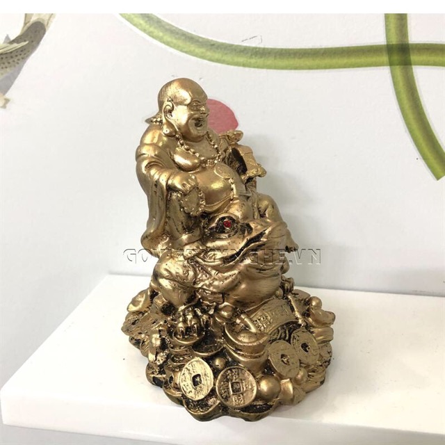 Tượng đá phong thủy Phật di lặc cưỡi cóc thiềm thừ - Cao 12cm - màu nhũ vàng