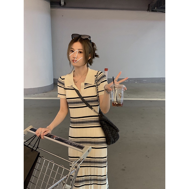 Đầm Thun polo Ngắn Tay Họa Tiết Sọc Ngang Thời Trang Dành Cho Nữ