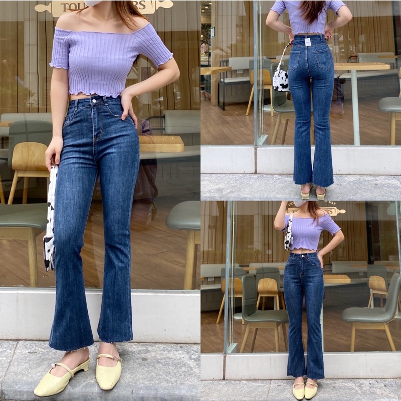 Quần Jeans Ống Loe Cạp Cao cắt Gấu Chất co dãn cực tôn dáng có gấu - Ảnh Thật Lu chụp