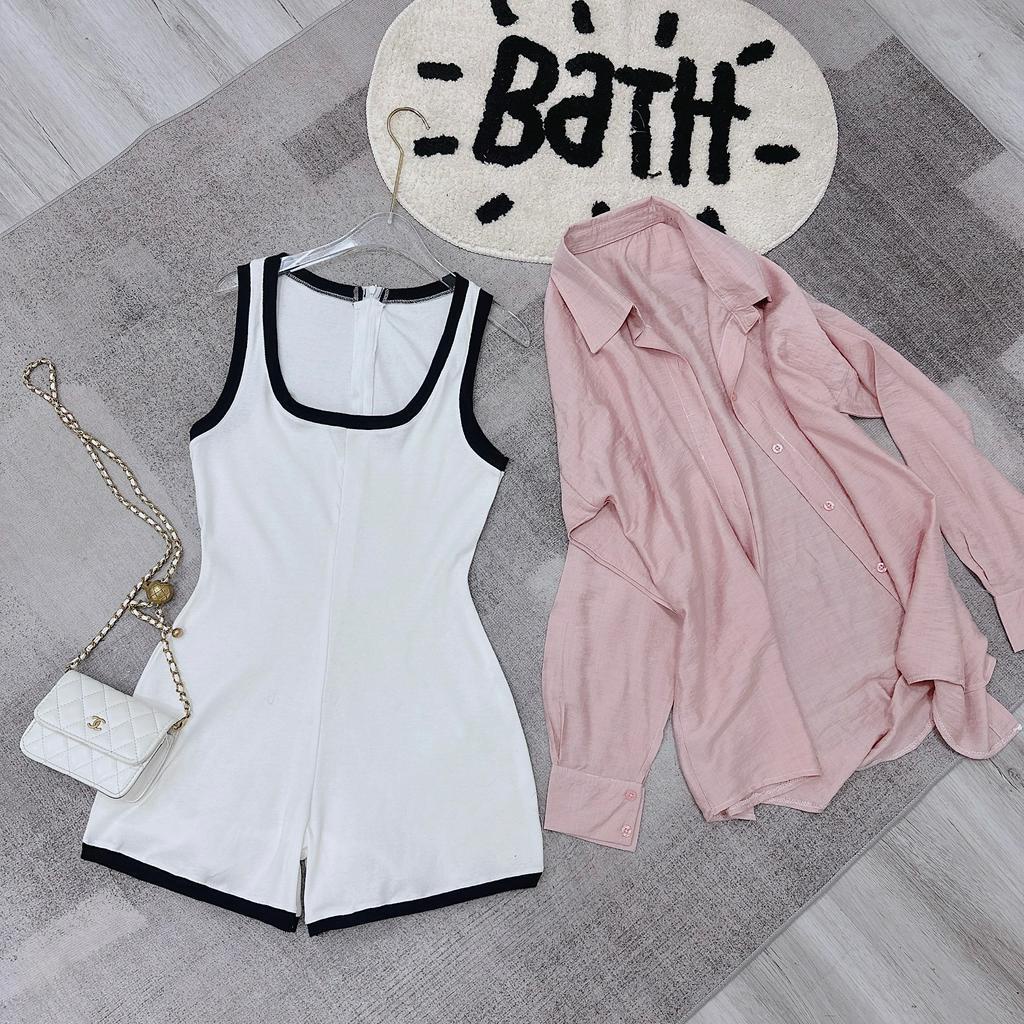 Set jum kèm áo sơ mi,body jumpsuit sang chảnh hiện đại 2 màu trắng và xám phối áo sơ mi hồng nữ tính thời trang nữ XM MP