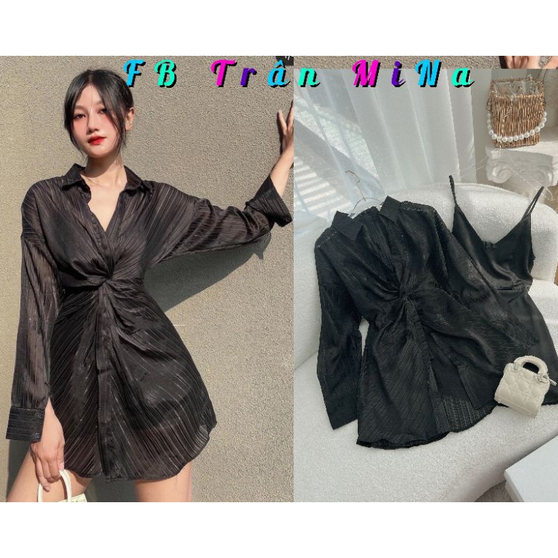 (Sẵn) Set đầm nữ cá tính 2 dây đen kèm áo khoác sơ mi xoắn ngực