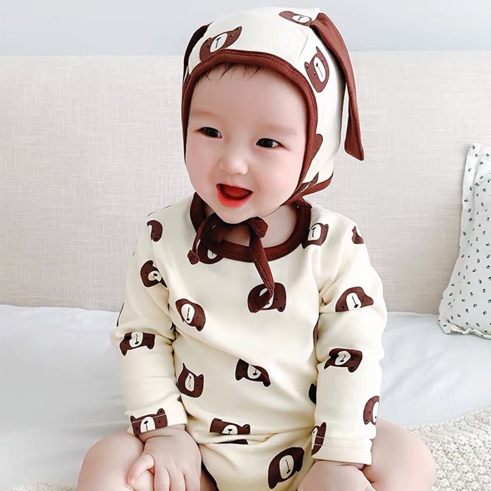 Bộ Áo Liền Quần Tay Dài + Mũ Tai Gấu Hoạt Hình Dễ Thương Cho Bé Sơ Sinh 0-24 Tháng Tuổi