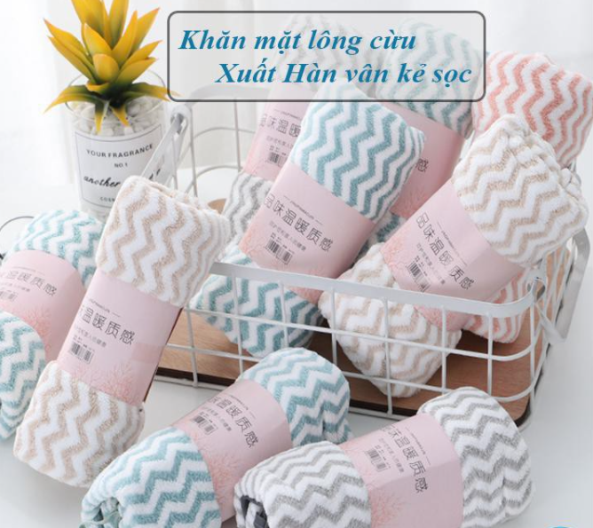 Khăn Mặt Lông Cừu Xuất Hàn Vân Kẻ Sọc Siêu Thấm Nước, Mềm Mịn KT 30 x 50 cm