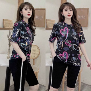 HÀNG CAO CẤP- Sét bộ thun lửng quần ngố áo form rộng in họa tiết trái tim siêu xinh