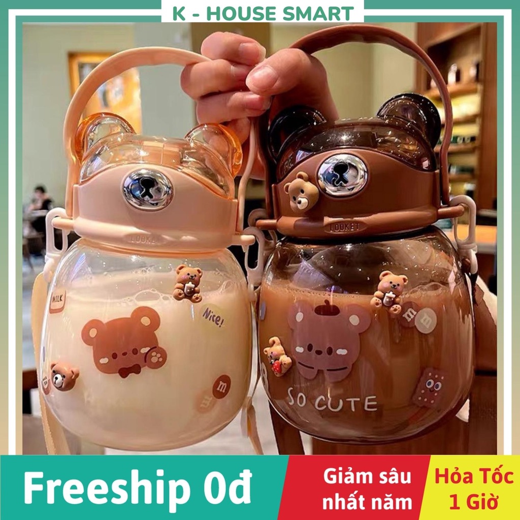 Bình nước cute hình gấu 1300ml dễ thương có quai xách và ống hút cô gái, bình đựng nước cho bé