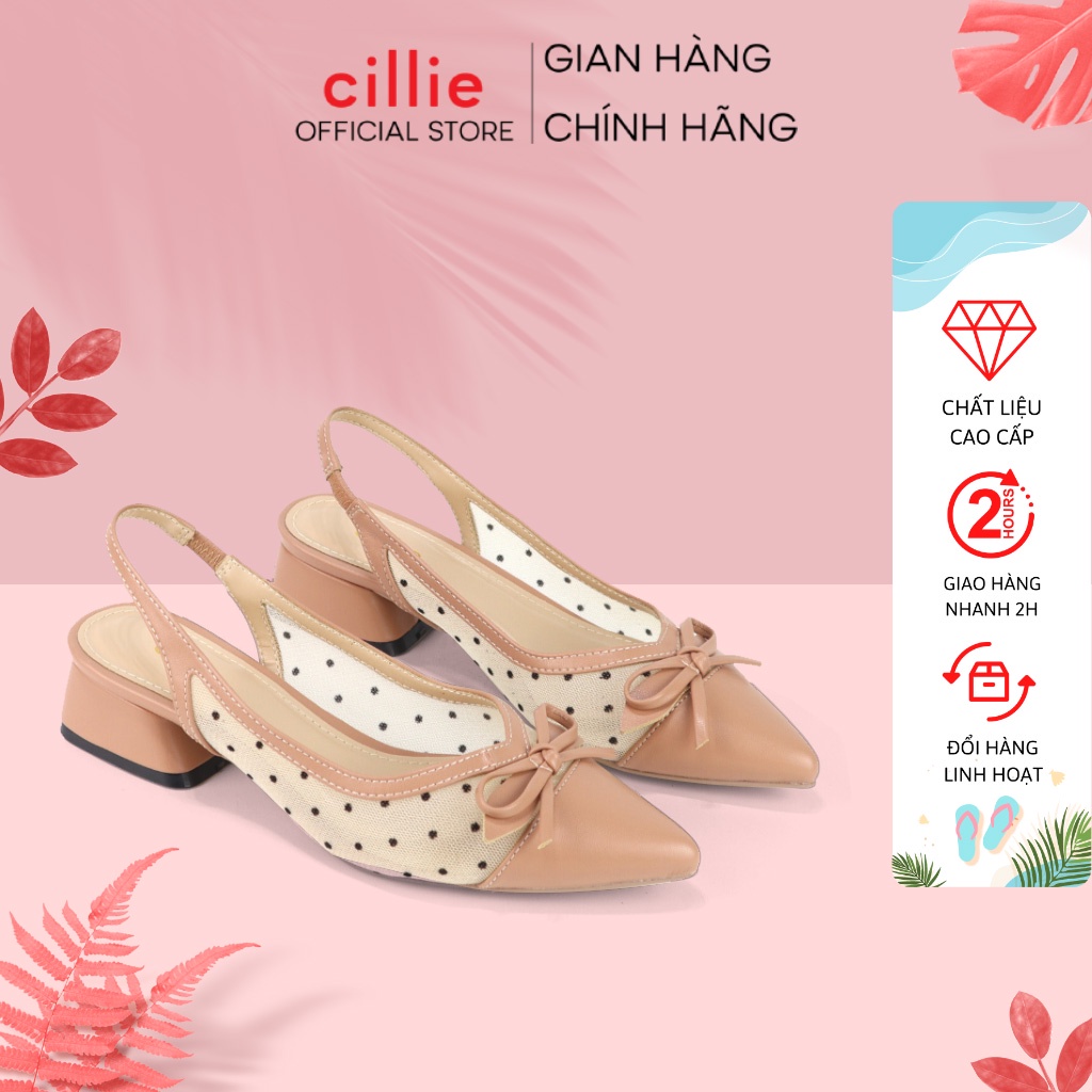 Giày slingback nữ mũi nhọn thanh lịch phối lưới chấm bi thoáng mát đính nơ nhẹ nhàng gót cao 3cm dạo phố Cillie 1044