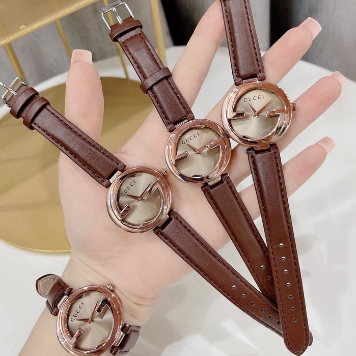 Đồng hồ nữ gucci thời trang trẻ quai da đeo tay chống nước măt tròn màu nâu tây thời thượng, trang nhã