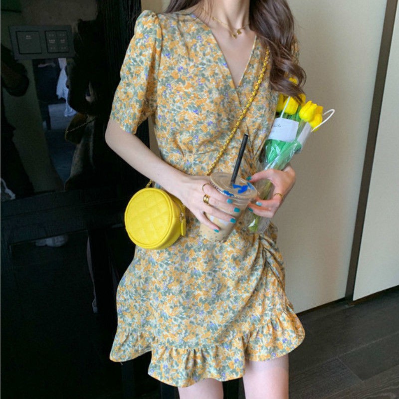 Đầm Nữ Ngắn Tay Cổ Chữ V In Hoa Thời Trang | BigBuy360 - bigbuy360.vn