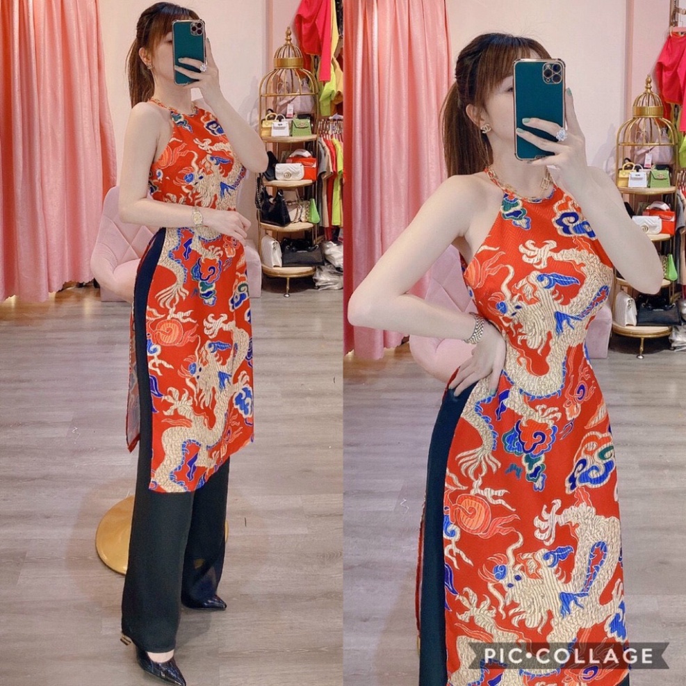 SPK- Set áo yếm, bộ áo yếm rồng phượng cao cấp màu đỏ vàng SKUD-57