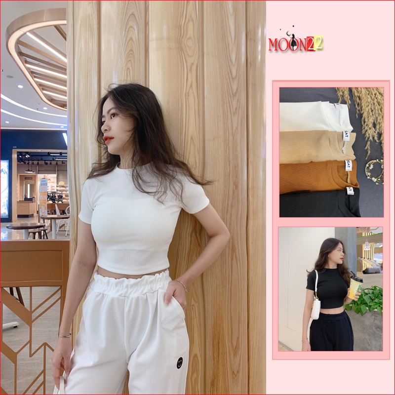 Áo Thun Nữ Tay Ngắn MOON22 Áo Thun Croptop Body Form Rộng Bigsize Cổ Tròn Dáng Ôm Thể Thao Màu Trắng Đen Nâu Be