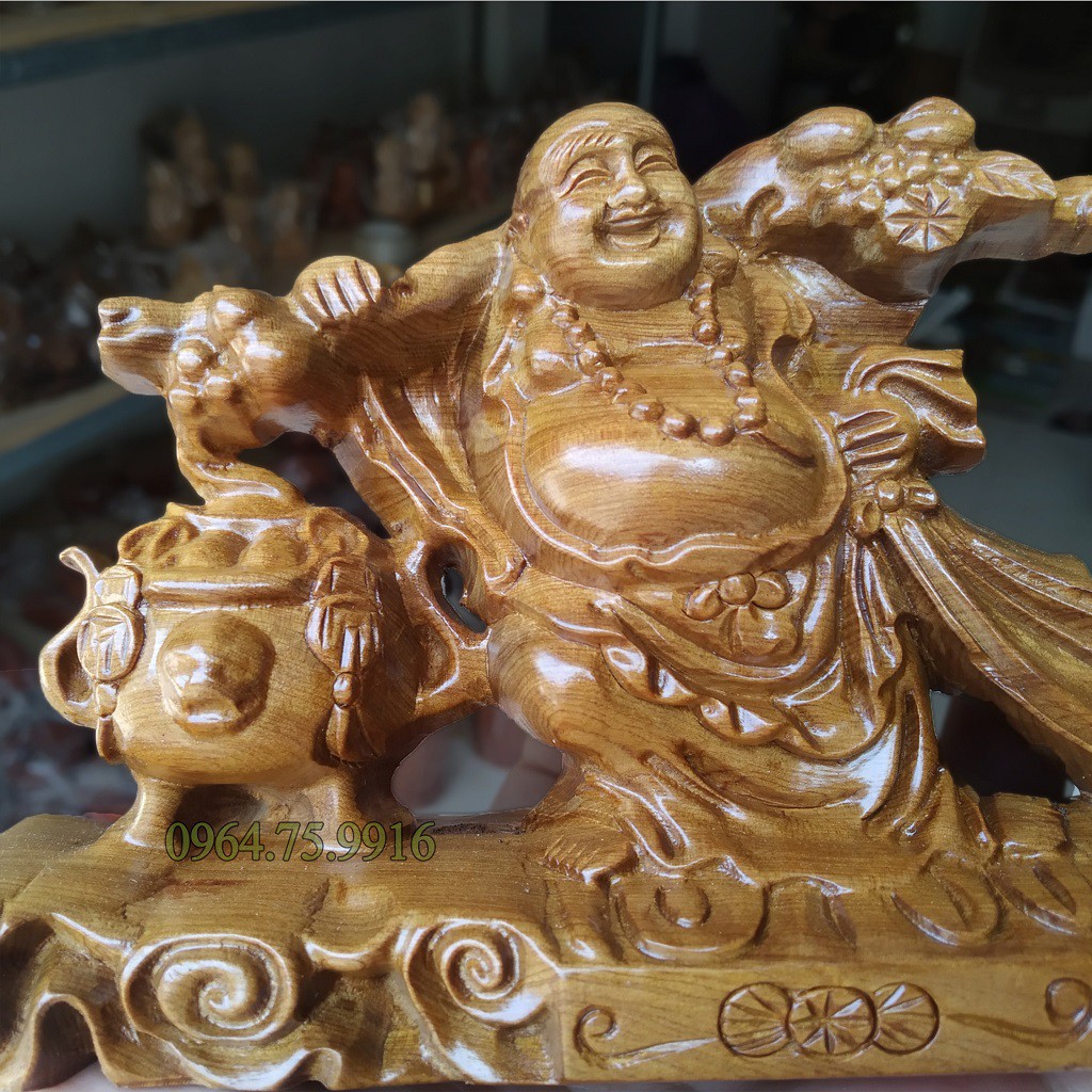 Tượng Phật Di Lặc Kéo Bao Tiền tiểu phúc Gỗ Bách Xanh ️🔅 Tượng phật di lặc phong thủy