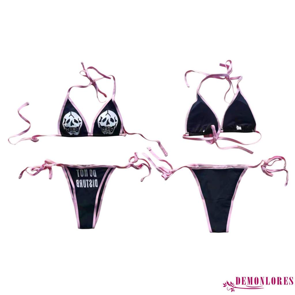 Set bikini 2 mảnh gồm áo ngực có mút đệm in hình đầu lâu kèm quần lót thời in chữ vui nhộn thời trang cá tính cho nữ