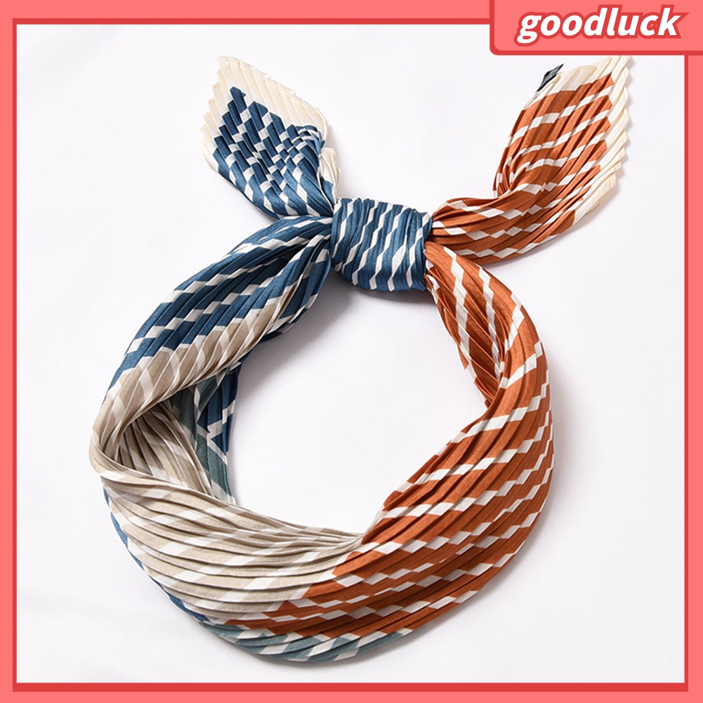 [GOLUK] Khăn Quàng Cổ Lụa Satin Vuông Xếp Ly In Họa Tiết Sọc Thời Trang Cho Nữ