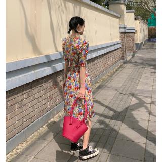 Đầm Hoa Cổ Vuông Phối Dây Rút Chiết Eo Size S-L