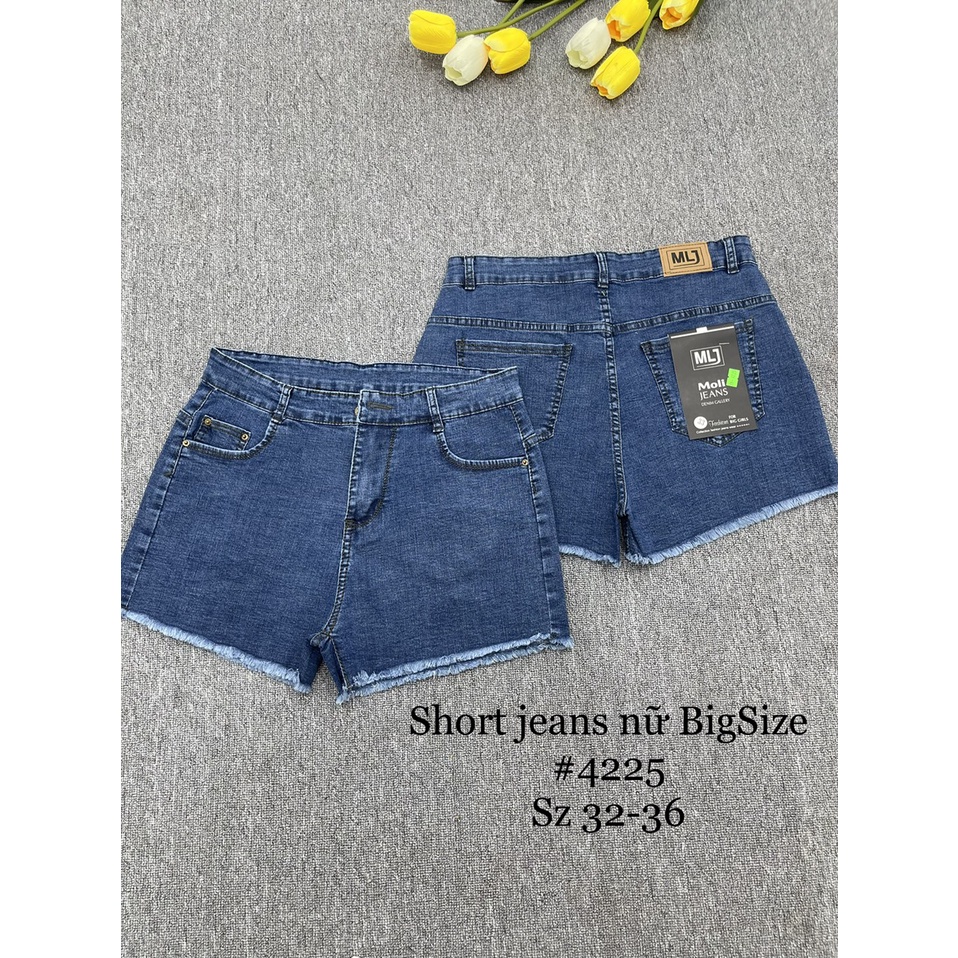 Quần short jean nữ BigSize lưng cao trên rốn, co dãn mạnh, tua lai, màu xanh đậm trơn kiểu dành cho người mập 4225 MLJ