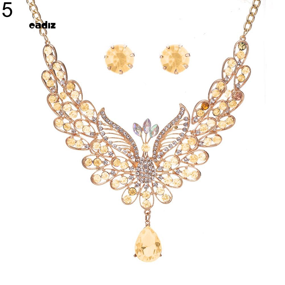 Bộ dây chuyền và khuyên tai hình đuôi công đính đá nhiều màu