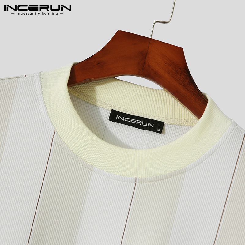 Áo thun Incerun ngắn tay cổ tròn họa tiết kẻ sọc 3 màu thời trang cho nam