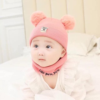 (sidolot)Bộ khăn mũ len 2 quả bông cho bé