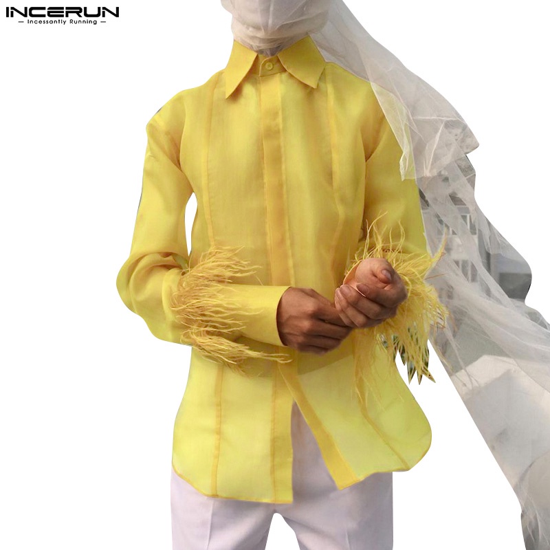Áo sơ mi INCERUN tay dài xuyên thấu cổ tay phối lông vũ thời trang cho nam