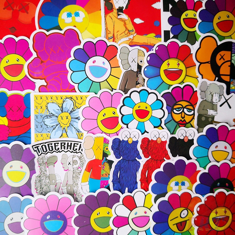 Bộ 102 miếng dán hình in hình nhân vật Kaws Murakami Takashi Hoa hướng dương dễ thương dùng để trang trí