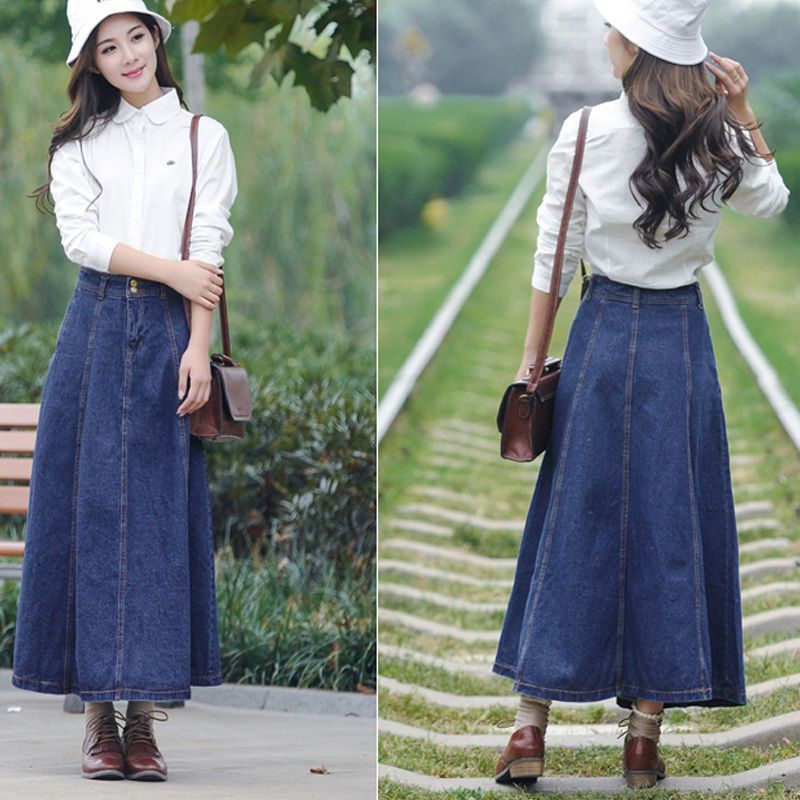 (Order) Chân váy jean chữ A, kẻ gân, dáng xòe dài