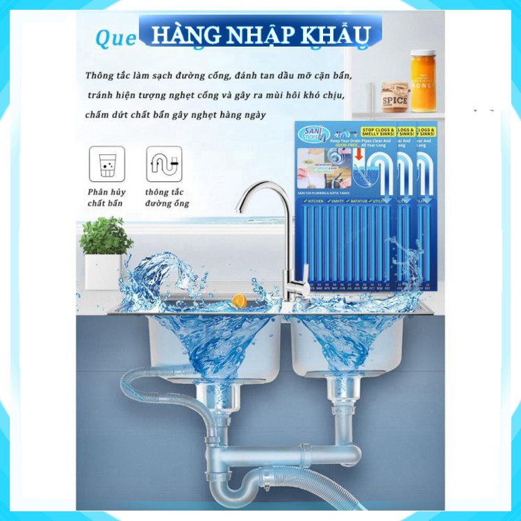 [Cam Kết Loại 1] Vỉ 12 Que thông tắc cống, đường ống, bồn cầu, chậu rửa. . sani sticks đa năng thông minh