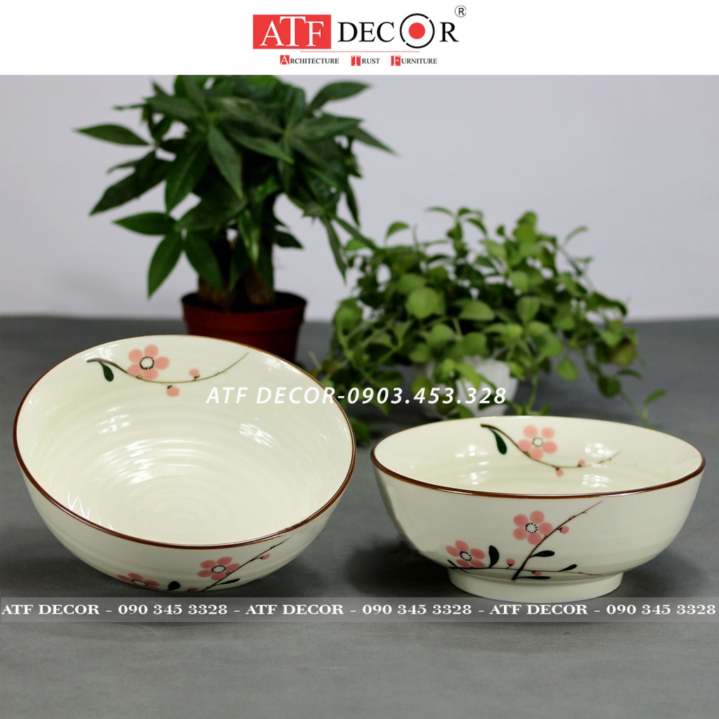 Tô sứ, bát tô men kem Bát Tràng cao cấp vẽ đào hồng-ATF Decor