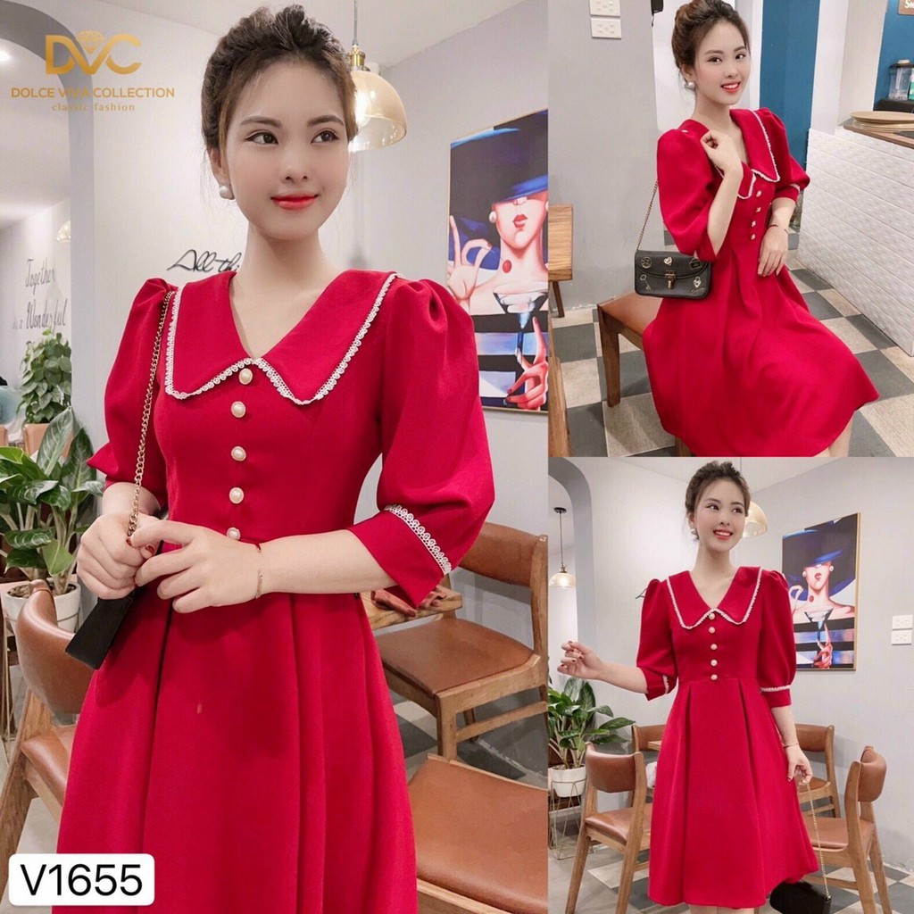 Váy Đầm Xòe Tay Lỡ Cổ Viền Đính Ngọc Cổ V Chất Liệu Vải Umi Thời Trang Nữ ĐẶNG DIỆU Mẫu Free Size Dưới 56kg