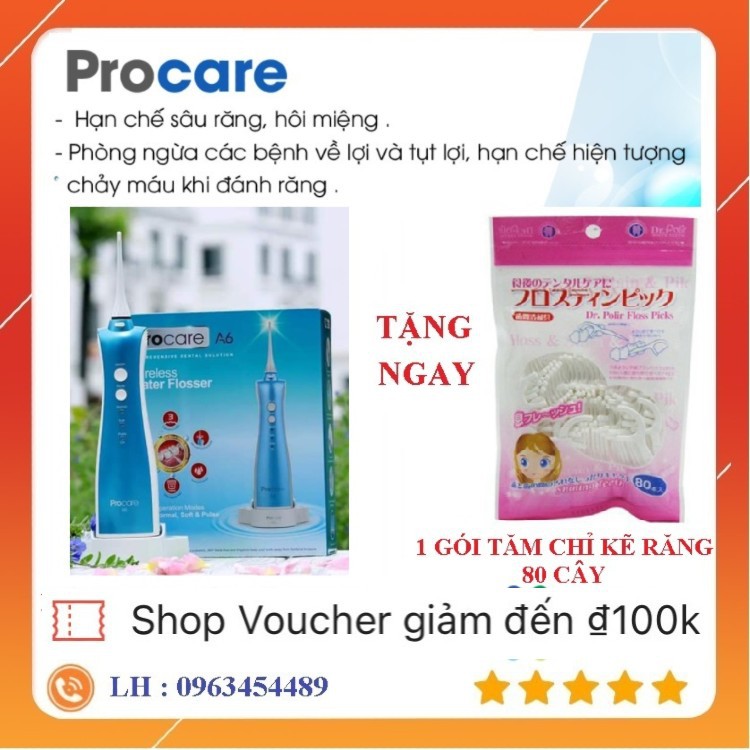 [QUÀ TẶNG HẤP DẪN] Máy tăm nước du lịch Cao cấp Procare A6 - Tặng 1 gói tăm chỉ kẽ răng Nhật Bản 80 cây