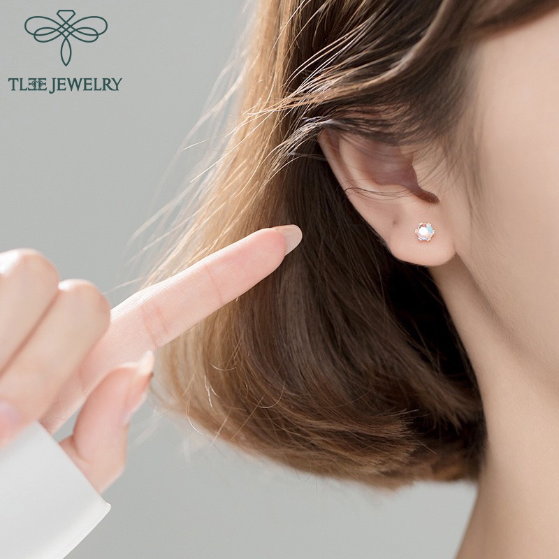Khuyên tai bạc nữ TLEE hạt tròn đá moonstone lấp lánh bạc 925 cao cấp chốt vặn TleeJewelry B0125
