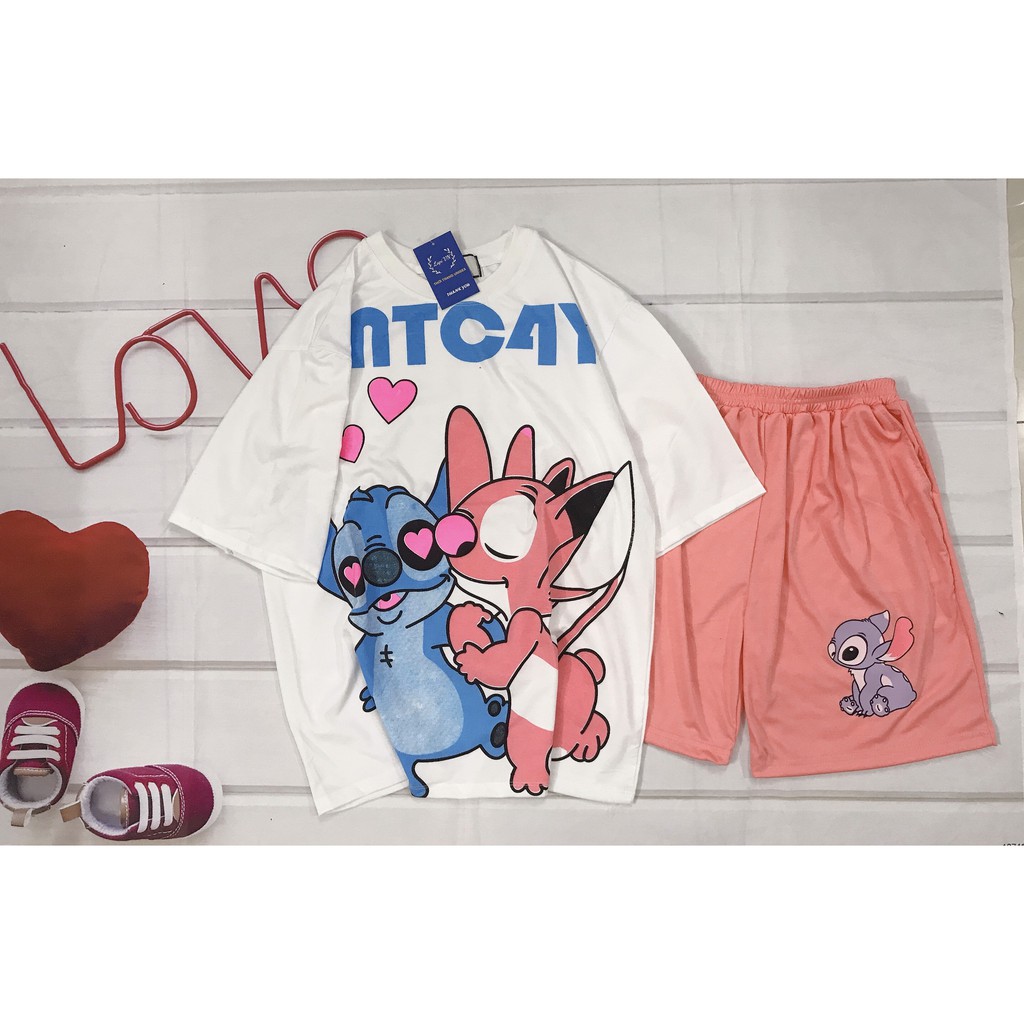 Set Đồ Bộ STITCH - LOVE cartoon 3D Cute DB49-Lapi VN Áo+ Quần Đùi Vải Thun Cotton Thoáng Mát, Freesize Đến 70kg