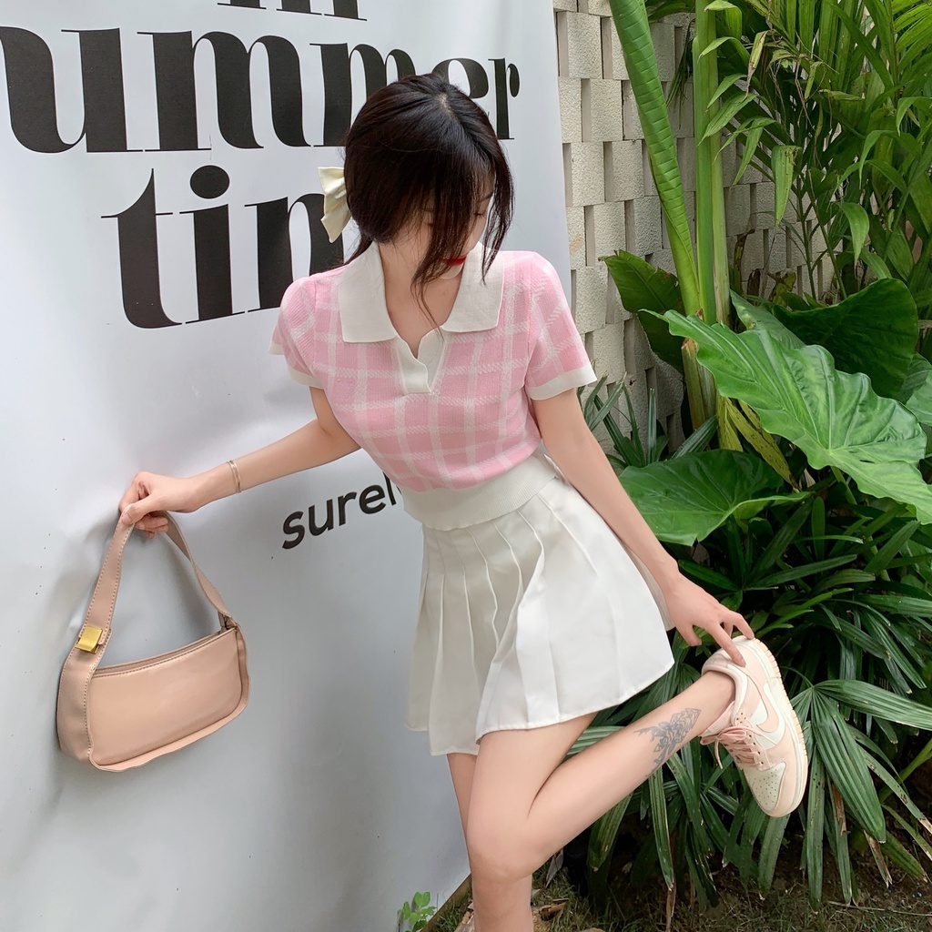 【Hana and Alice】Áo Thun POLO Dệt Kim Ngắn Tay Lưng Cao Gợi Cảm