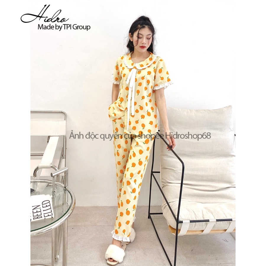 Bộ Ngủ Pijama Phối Nơ Bèo Tay Ngắn Quần Dài Họa Tiết Dễ Thương Thiết Kế Cao Cấp Phong Cách Tiểu Thư