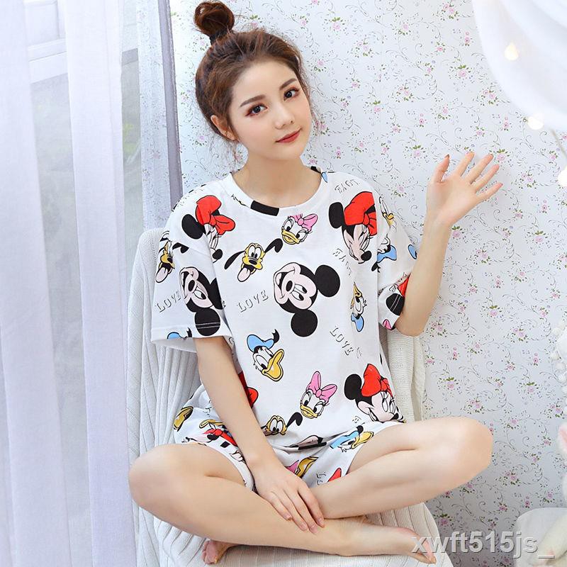 Đồ ngủ Nữ sinh Học Tay ngắn Cô gái Dễ thương Mickey Thể thao Cotton Mặc nhà mỏng thường xuyên Bộ hai mảnhG