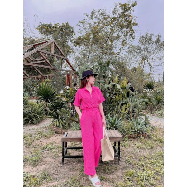 Set áo sơ mi xốp tay ngắn quần dài suông 2503