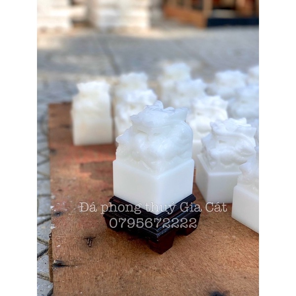 Ấn rồng đá bạch ngọc trắng 10cm phong thuỷ có kiểm định