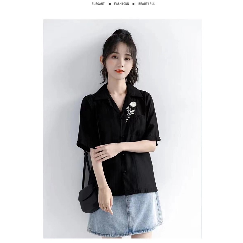 Áo Sơ Mi Đen Ngắn Tay In Họa Tiết Hoa Phong Cách Retro Mùa Hè Cho Nữ 2022