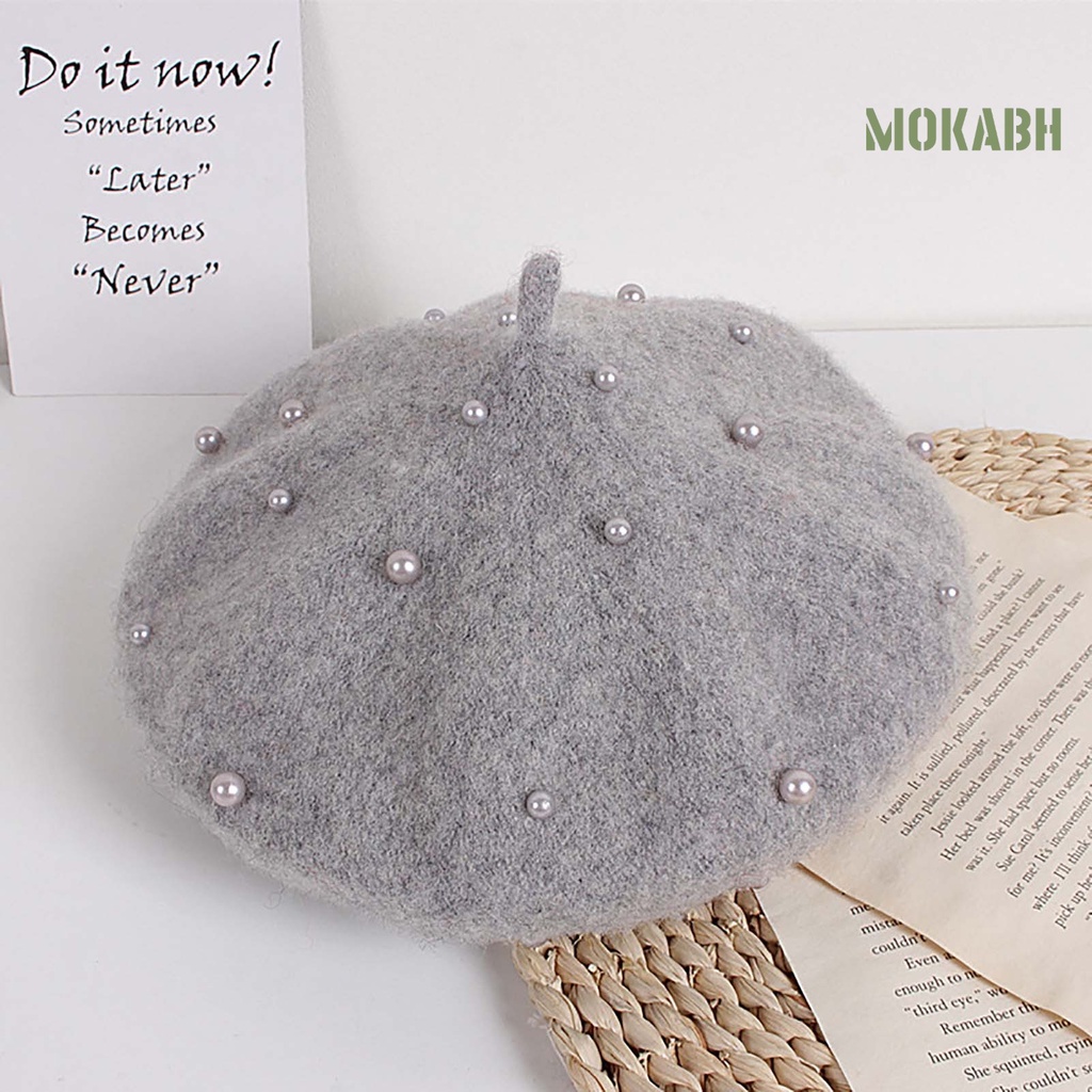 Mũ Beret Đính Ngọc Trai Giả Màu Sắc Trơn Ấm Áp Thời Trang Cho Bé Gái